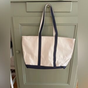 L.L. Bean Navy and Cream Boat & Tote Long Handled Canvas Tote Bag